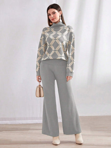 Mulvari Argyle Pattern Funnel Neck Sweater & Knit Pants 2 Piece Set