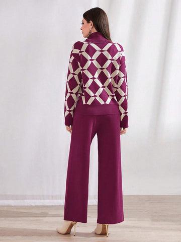 Mulvari Argyle Pattern Funnel Neck Sweater & Knit Pants 2 Piece Set