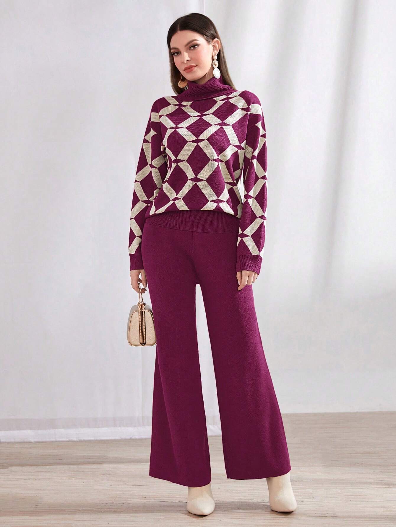 Mulvari Argyle Pattern Funnel Neck Sweater & Knit Pants 2 Piece Set