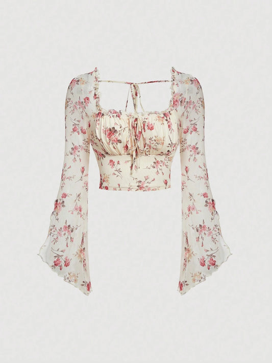 MOD Floral Print Tie Front Flounce Sleeve Ruched Bust Crop Tee