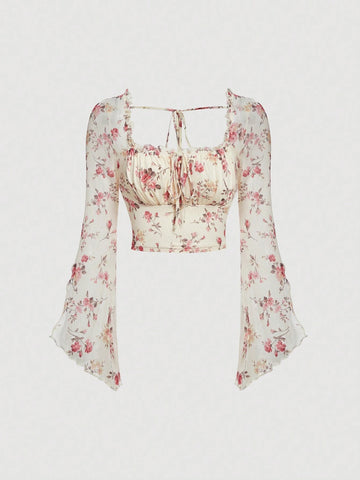 MOD Floral Print Tie Front Flounce Sleeve Ruched Bust Crop Tee