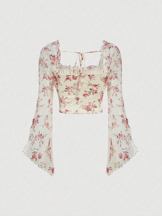 MOD Floral Print Tie Front Flounce Sleeve Ruched Bust Crop Tee