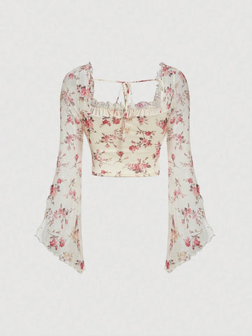 MOD Floral Print Tie Front Flounce Sleeve Ruched Bust Crop Tee