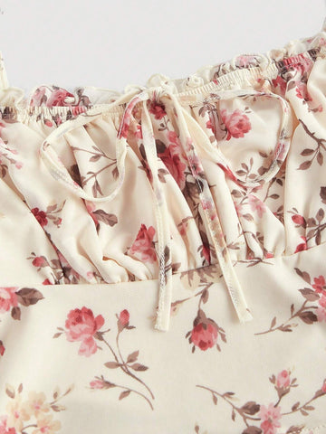 MOD Floral Print Tie Front Flounce Sleeve Ruched Bust Crop Tee