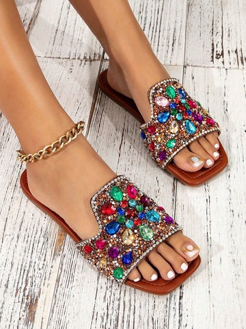 Fashionable Women's Colorful Rhinestone Flat Sandals