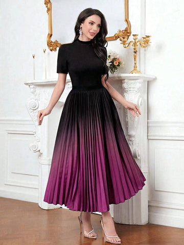 Modely Mock Neck Tee & Ombre Pleated Skirt