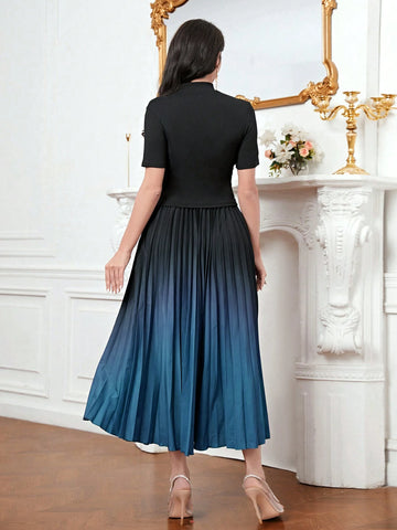 Modely Mock Neck Tee & Ombre Pleated Skirt