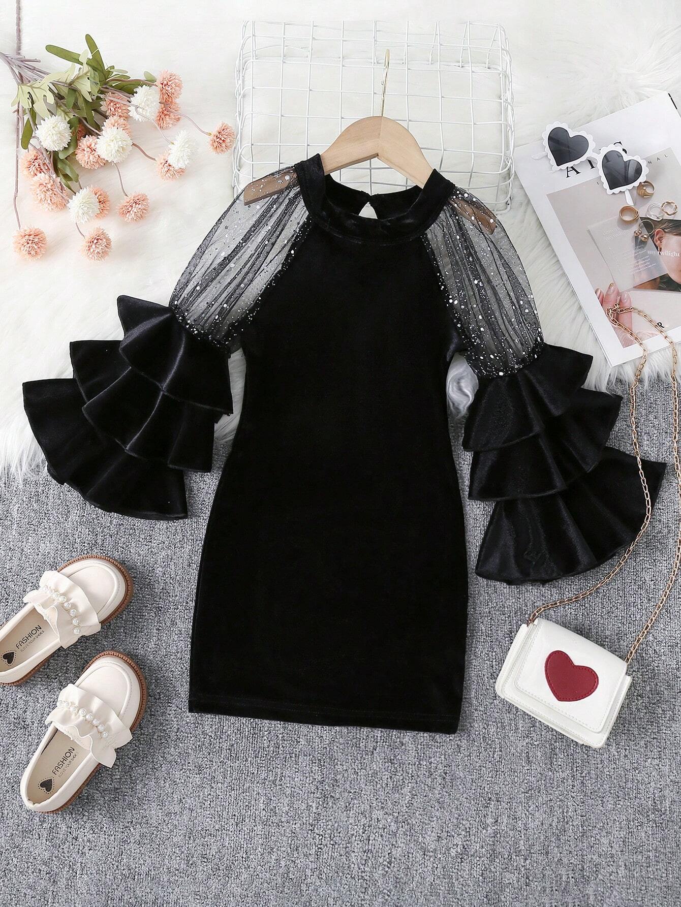 Young Girl Contrast Mesh Layer Sleeve Velvet Dress