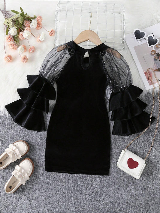 Young Girl Contrast Mesh Layer Sleeve Velvet Dress