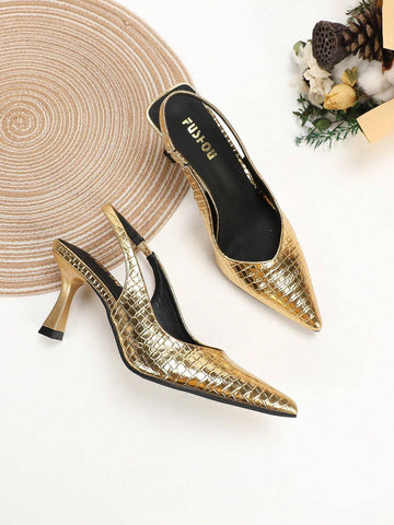 High-heeled Women's Shoes, Pointed Toe, Thin Heels, Shallow Mouth, Stone Pattern, Hollow Out, Ankle Strap, Pumps