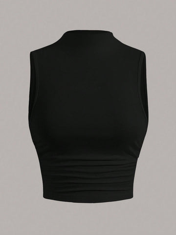 EZwear Stand Collar Pleated Sleeveless Top