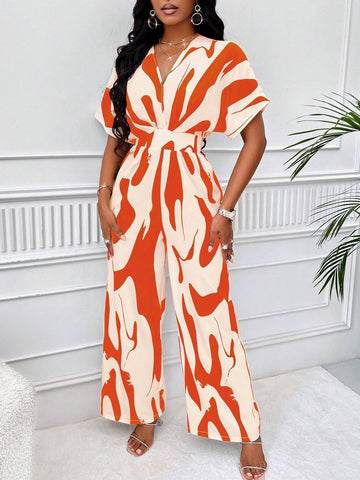 Lyxana Allover Print Batwing Sleeve Shirt Jumpsuit