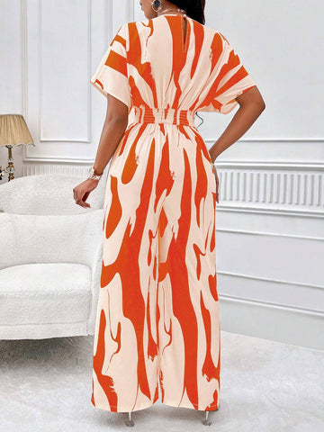 Lyxana Allover Print Batwing Sleeve Shirt Jumpsuit