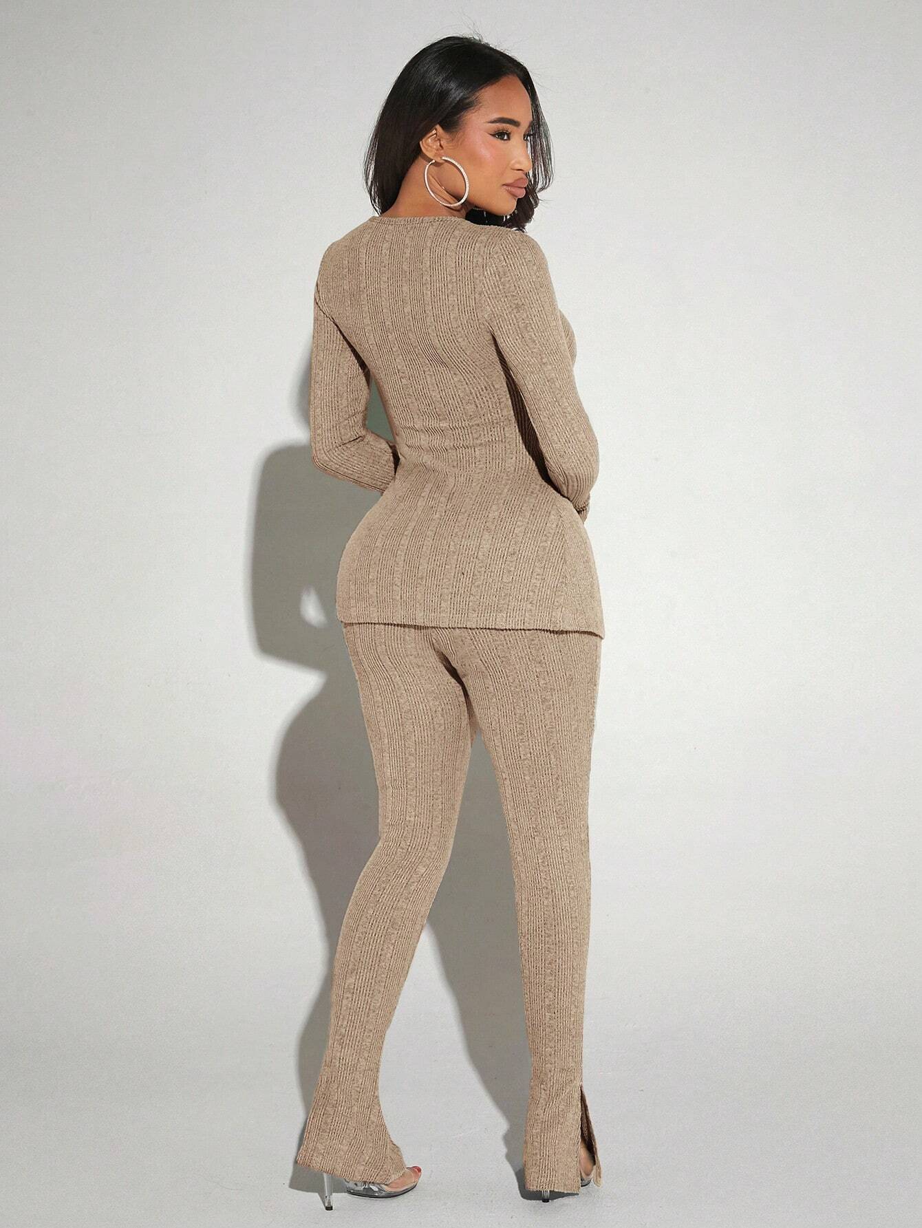 SXY Button Front Ruched Top & Split Hem Pants