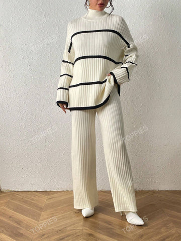 Striped Pattern Drop Shoulder Sweater & Knit Pants