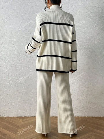 Striped Pattern Drop Shoulder Sweater & Knit Pants