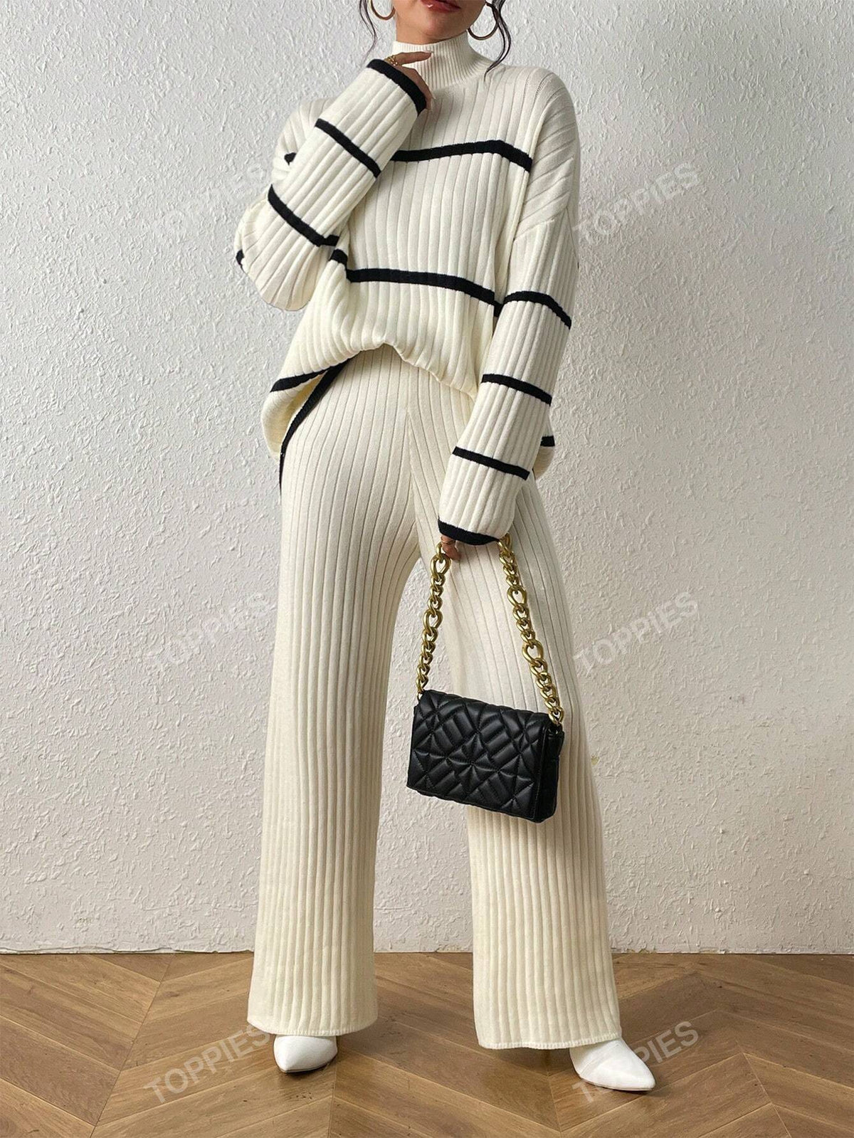 Striped Pattern Drop Shoulder Sweater & Knit Pants