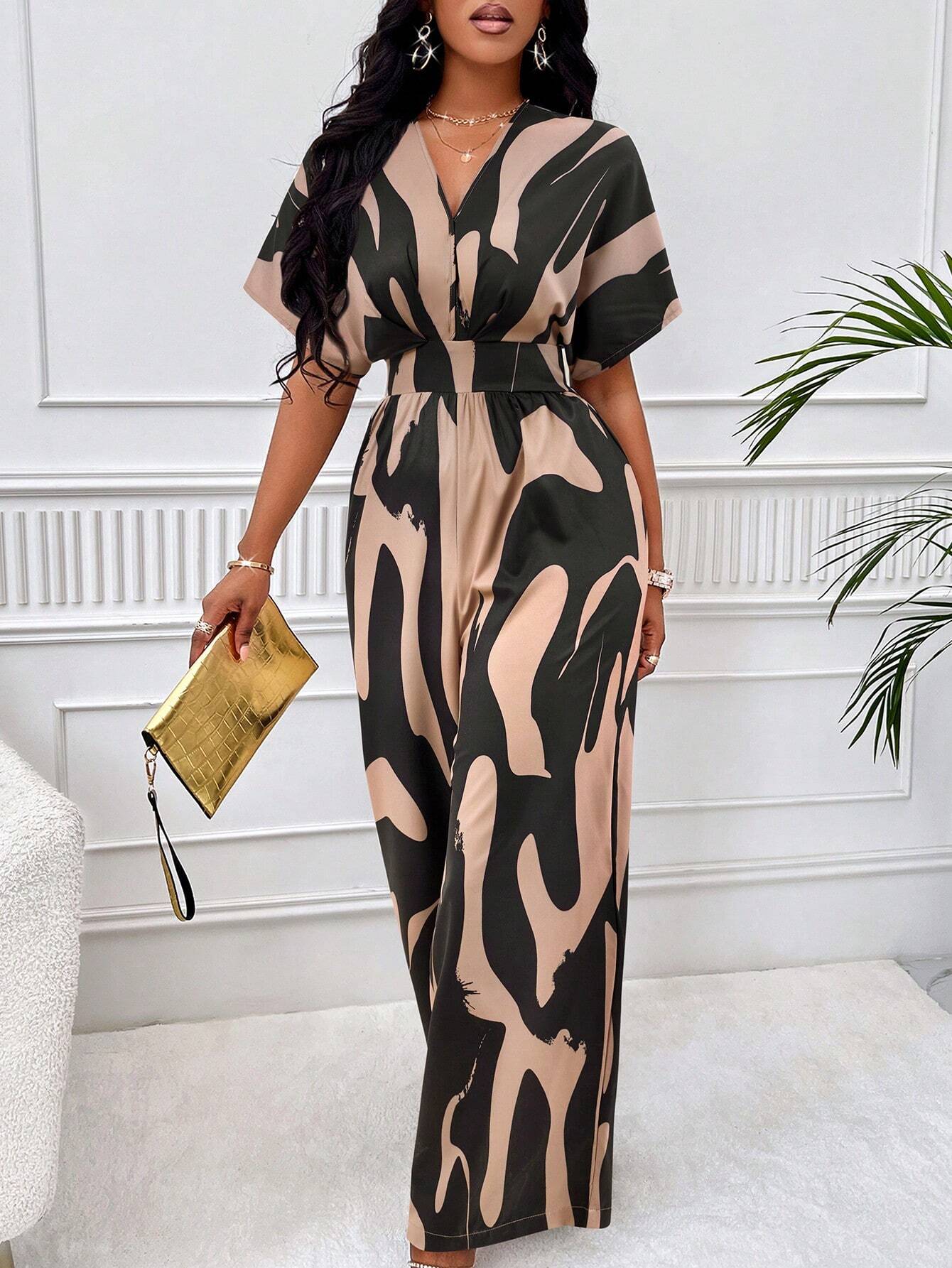 Lyxana Allover Print Batwing Sleeve Shirt Jumpsuit