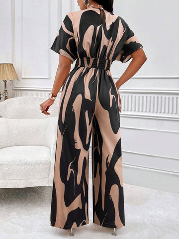 Lyxana Allover Print Batwing Sleeve Shirt Jumpsuit