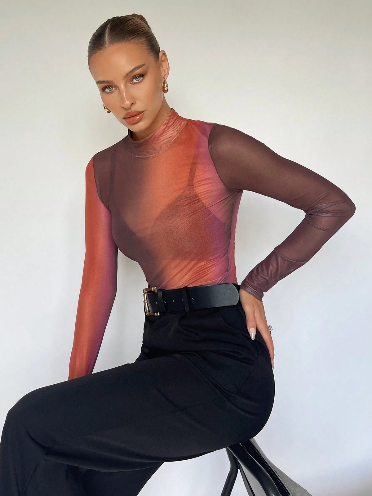 Maija Mock Neck Sheer Mesh Top Without Bra