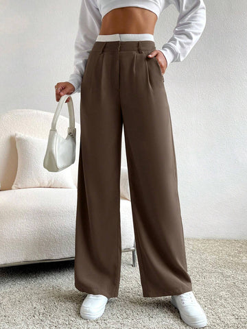 EZwear Spring Dress PantsHigh Waist Plicated Detail Wide Leg Suit Pants