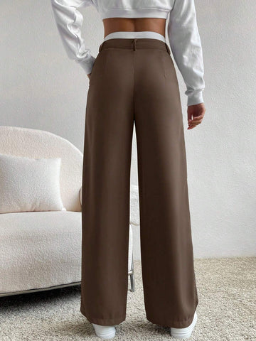 EZwear Spring Dress PantsHigh Waist Plicated Detail Wide Leg Suit Pants