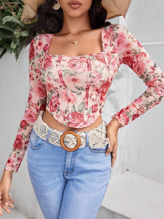 VCAY Floral Print Square Neck Asymmetrical Hem Mesh Tee