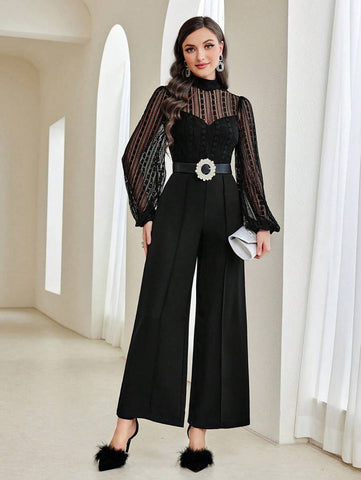 Modelyn Contrast Mesh Mock Neck Lantern Sleeve Wide Leg Jumpsuit