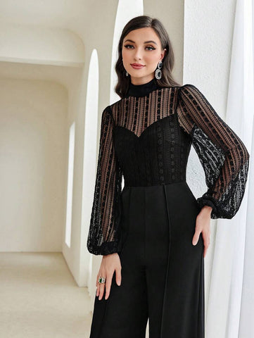 Modelyn Contrast Mesh Mock Neck Lantern Sleeve Wide Leg Jumpsuit