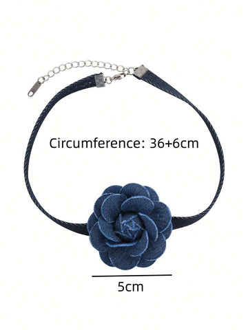 1pc Vintage Style 3d Denim Blue Flower Collar Necklace