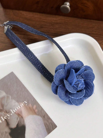 1pc Vintage Style 3d Denim Blue Flower Collar Necklace