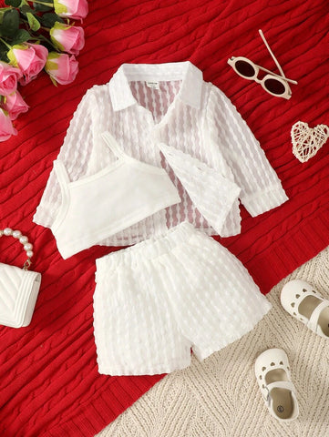 Baby Girl Jacquard Long Sleeve Shirt And Shorts And Camisole Vest Top Set
