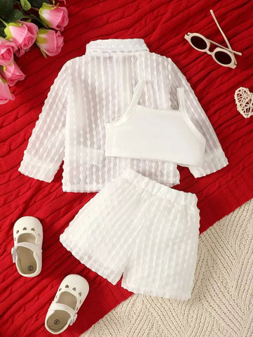 Baby Girl Jacquard Long Sleeve Shirt And Shorts And Camisole Vest Top Set