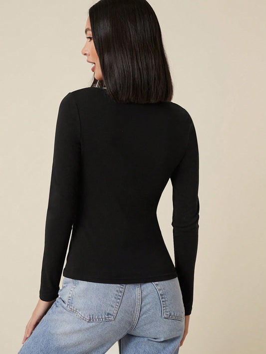BASICS Women Solid Color Long Sleeve Fitted Casual Top