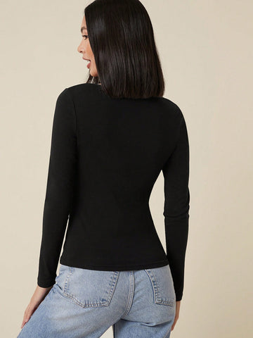 BASICS Women Solid Color Long Sleeve Fitted Casual Top