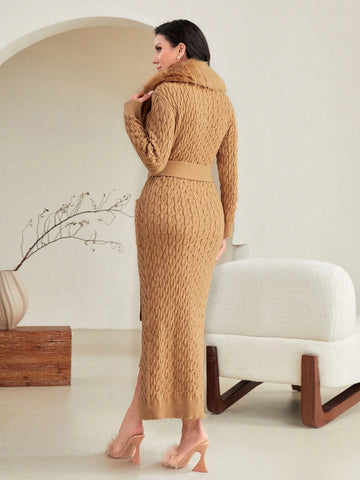 Modely Solid Bodycon Sweater Dress & Fuzzy Trim Duster Cardigan