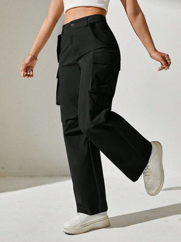 PETITE Solid Flap Pocket Cargo Black Pants