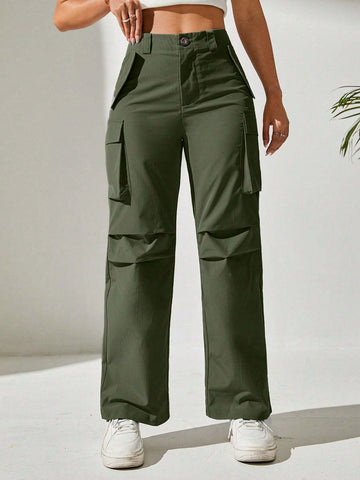 PETITE Solid Flap Pocket Cargo Black Pants