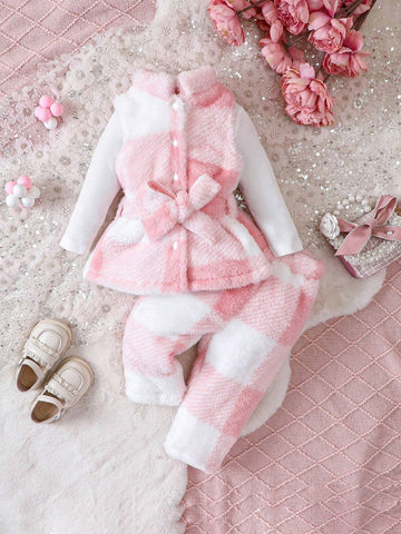 Baby Girl Buffalo Plaid Print Belted Teddy Coat & Pants Without Tee