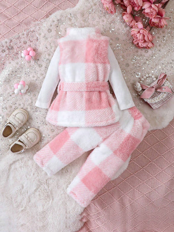 Baby Girl Buffalo Plaid Print Belted Teddy Coat & Pants Without Tee