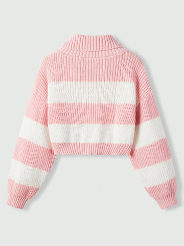 ROMWE Kawaii High Neck Striped Drop Shoulder Sweater With Moon Embroidery