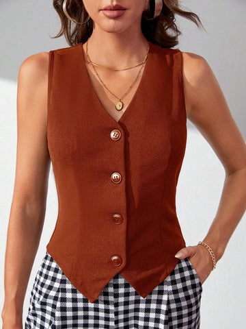 Tall Women's Sleeveless Single-Breasted Vest With V-Neck