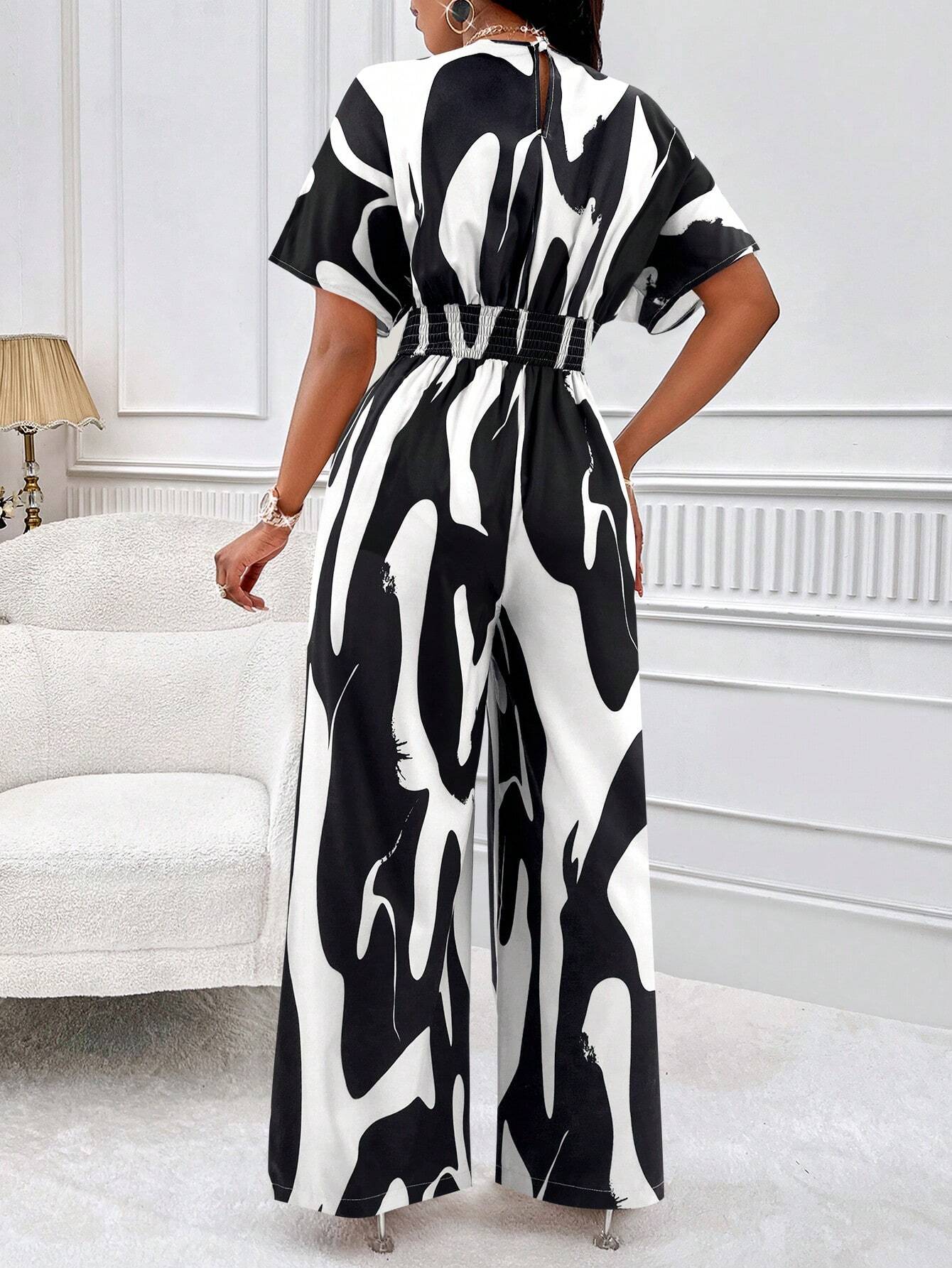 Lyxana Allover Print Batwing Sleeve Shirt Jumpsuit