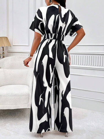 Lyxana Allover Print Batwing Sleeve Shirt Jumpsuit