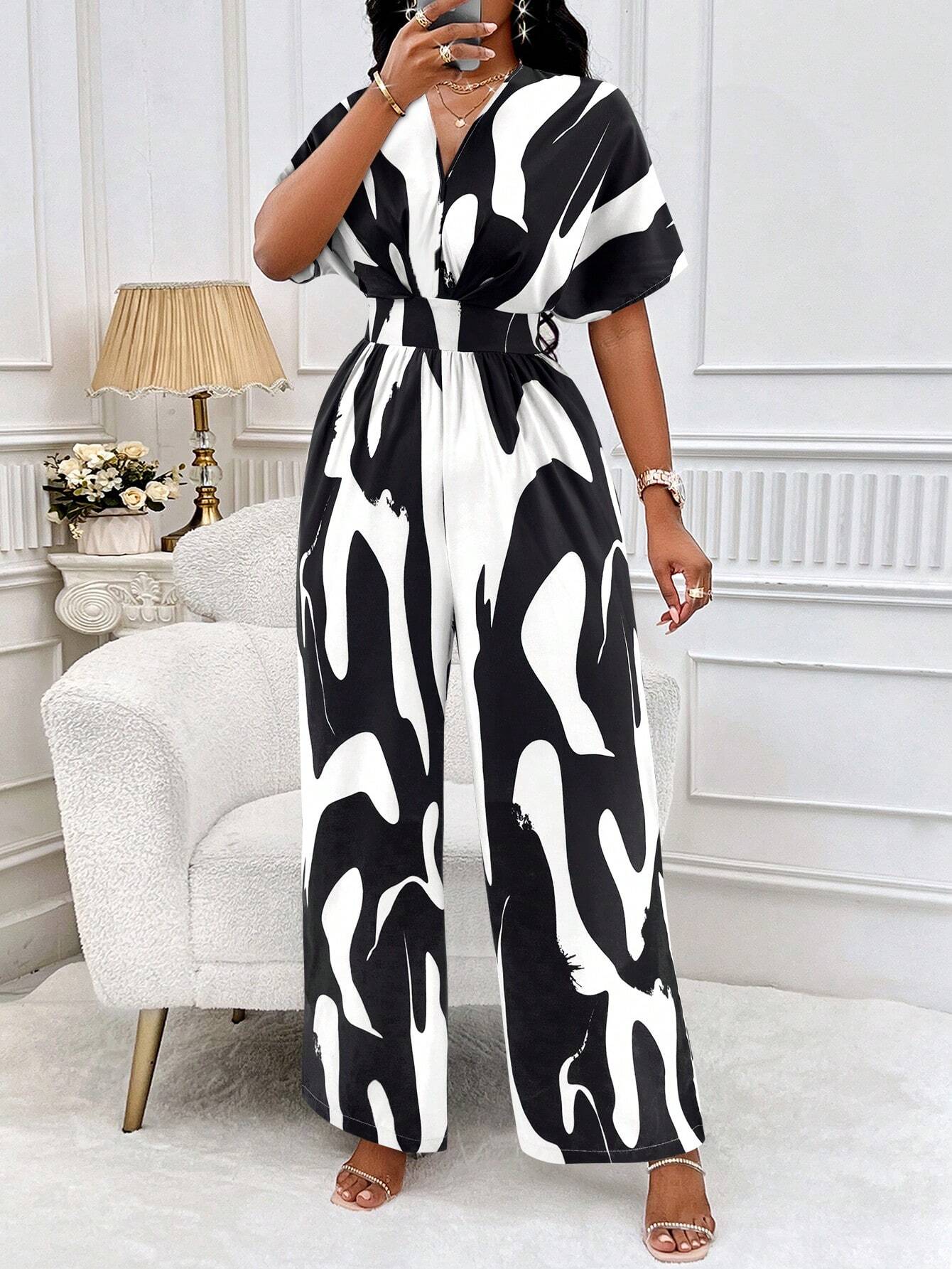 Lyxana Allover Print Batwing Sleeve Shirt Jumpsuit
