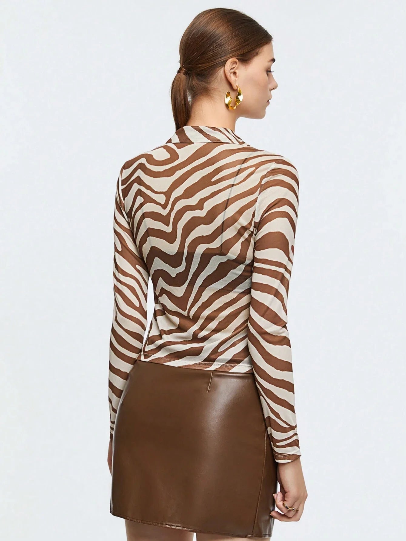 BIZwear Zebra Striped Button Front Mesh Top Without Bra