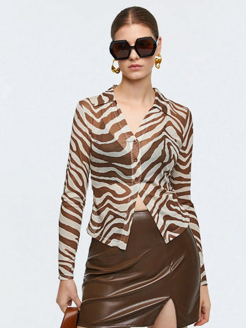 BIZwear Zebra Striped Button Front Mesh Top Without Bra