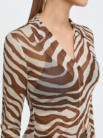 BIZwear Zebra Striped Button Front Mesh Top Without Bra