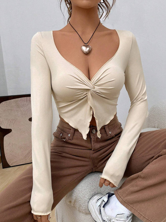 EZwear Twist Front Asymmetrical Hem Khaki Crop Tee