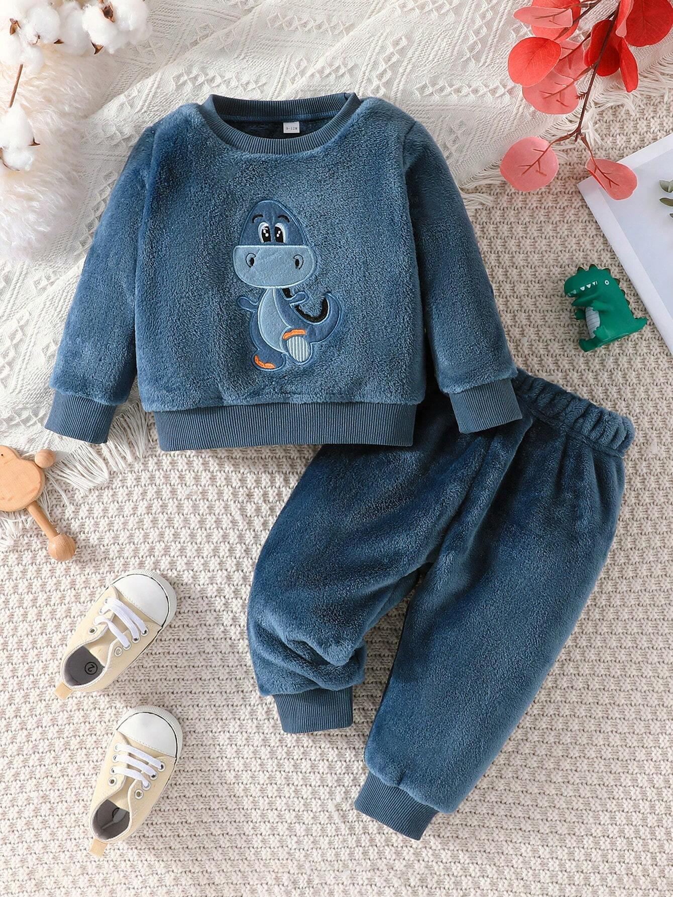 Baby Boy Dinosaur Embroidery Flannel Sweatshirt & Pants